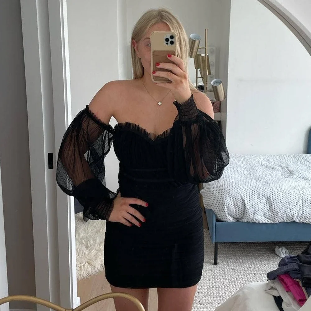 Majorelle Zata Dress Black Ruched Long‎ Sleeve Off Shoulder Women's Sz XS
